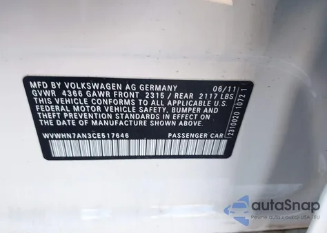 2012 Volkswagen Cc Lux Plus из США, поврежденный, VIN WVWHN7AN3CE517646